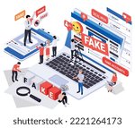 Fake news disinformation propaganda isometric composition with laptop and smartphone with social networks spreading false information vector illustration