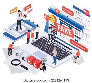 Fake news disinformation propaganda isometric composition with laptop and smartphone with social networks spreading false information vector illustration