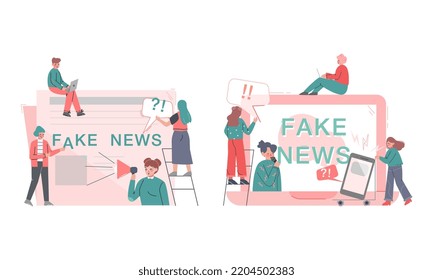 Fake news, disinformation spread. Tiny people reading newspaper and information from social networks cartoon vector illustration