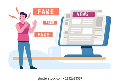 Fake news. Fabrication of information. Newspapers disinformation. Panicked man. False computer newsletter. Misinformation propaganda. Online reportage. Press