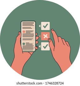 Fake news and fact alerts popping up next to a smartphone while a person or user is browsing the social media feed. Misinformation, lie, scam alert. Simple cartoon style vector illustration