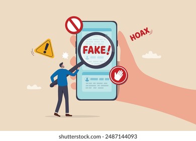 Fake news, false information sharing on social media, hoax or lies censorship, fake website cheating, scam or dishonesty report concept, man magnifying glass on social media as fake news attention.