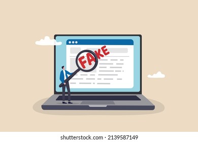 Fake news or false information spreading on website and social media, screening or verify truth before sharing or believe concept, man with magnifying glass verify fake news on website on computer.