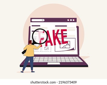 Fake news or false information spreading on website and social media, screening or verify truth before sharing or believe concept, man with magnifying glass verify fake news on website on computer.