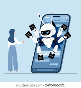 Noticias falsas, información falsa y mala Asistencia no ética en el App móvil de chatbot. Robot enojado con muchas manos que advierten a la Cliente del peligro de la pantalla del teléfono inteligente Ilustración vectorial de dibujos animados