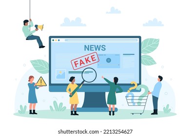 Fake news, false misleading information spreading online vector illustration. Cartoon tiny people with magnifying glass verify hoax, disinformation at website or social media on computer screen