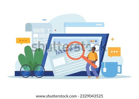 Fake news flat composition with character reading misinformation online vector illustration