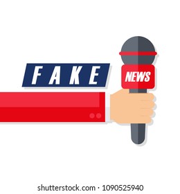 Fake News flat design vector illustration with male hand holding microphone.