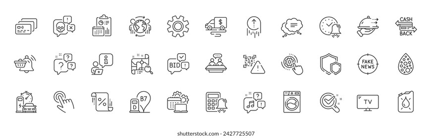 Fake news, Global business and Voicemail line icons. Pack of Text message, Tv, Cash transit icon. Shields, Calculator alarm, Chemistry lab pictogram. Search map, Cogwheel settings. Line icons. Vector