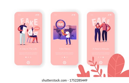 Fake News and Gossips Mobile App Page Onboard Screen Template. Tiny People Characters Reading Newspapers and Social Media Information False Info Fabrication Concept. Cartoon Vector Illustration