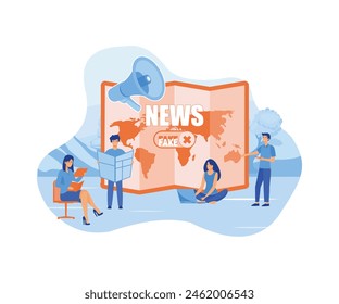 Fake News and Gossips. Tiny People Reading Newspapers and Social Media Information in Internet. flat vector modern illustration 