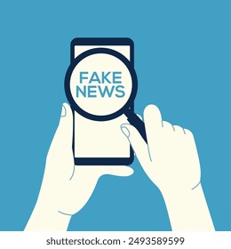 Fake news. Hand holding magnifying glass scanning and check news on smartphone. Disinformation, propaganda on online news media concept vector illustration