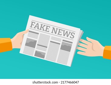 Fake News - hand-to-hand newspaper with false content. Thematical vector illustration