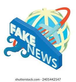 Fake news icon isometric vector. Fake news inscription and plane around globe. Screen saver, media, television