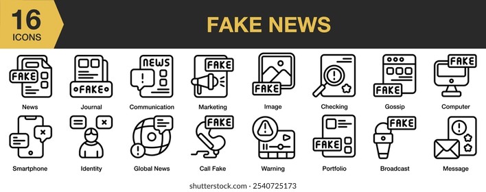 Conjunto de ícones de Notícias Falsas. Inclui notícias, diário, comunicação, marketing, smartphone, aviso e muito mais. Contornar coleção de vetores de ícones.