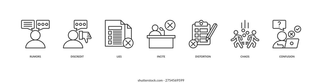 Fake News Icon Set. Icon set includes Rumors, Discredit, Lies, Incite, Distortion, Chaos, Confusion.