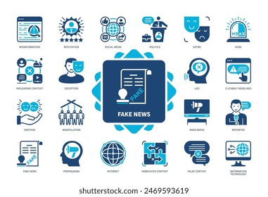 Fake News icon set. Misinformation, Hoax, Misleading Content, Propaganda, Manipulation, Lies, Satire, Social Media. Duotone color solid icons