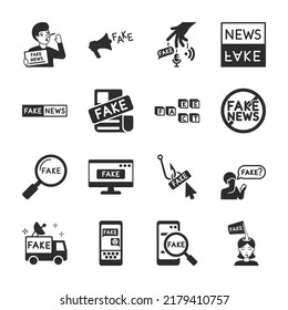 Fake News Icons Set. Not True News, Yellow Journalism. Monochrome Black And White Icon Collection. Isolated Vector Illustration