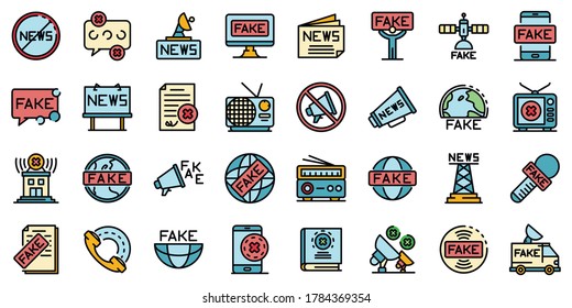 Fake news icons set. Outline set of fake news vector icons thin line color flat on white