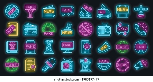 Fake news icons set. Outline set of fake news vector icons neon color on black