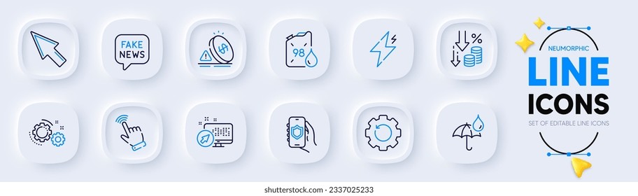 Fake news, Inflation and Mouse cursor line icons for web app. Pack of Web system, Petrol canister, Gears pictogram icons. Waterproof umbrella, Power, Deflation signs. Recovery gear. Vector