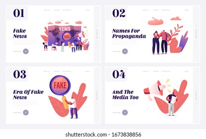 Fake News Information, Disinformation and Gossips Landing Page Template Set. People Reading Newspapers and Internet Articles with False Scandalize Info, Breaking News. Cartoon Vector Illustration