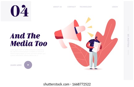 Fake News, Information and Disinformation Landing Page Template. Male Character Read Newspaper near Huge Megaphone Speaking. Mass Media Manipulation, Gossip Info. Cartoon People Vector Illustration