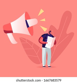 Fake News, Information and Disinformation. Male Character Reading Newspaper near Huge Megaphone Speak. Mass Media Worldwide Human Consciousness Manipulation, Gossip Info. Cartoon Vector Illustration