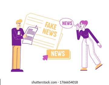 Fake News Information and Disinformation. Male Character Reading Newspaper, Woman Telling Gossips. Mass Media Worldwide Human Consciousness Manipulation, False Info. Linear People Vector Illustration