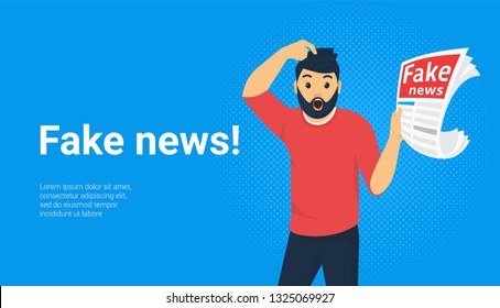 Fake news and information fabrication concept flat vector illustration of young shocked man with open mouth making hands gesture reading fake newspaper. Amazed people reading contemporary media