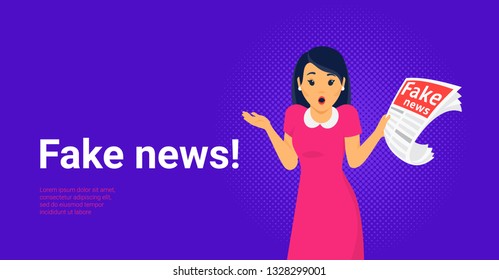 Fake news and information fabrication concept flat vector illustration of young shocked woman with open mouth making hands gesture reading fake newspaper. Amazed people reading contemporary media