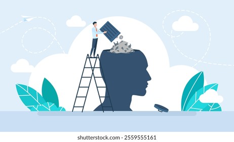 Fake news. Information noise, misinformation, conspirators telling false news. Person throws rubbish at another human head. Concept of politics, coaching, trainings, psychologist. Vector illustration