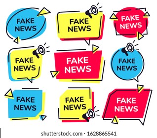 Fake news label. News badge with loudspeaker icon, fake media megaphone labels vector set. social hoax, manipulative politics information stickers