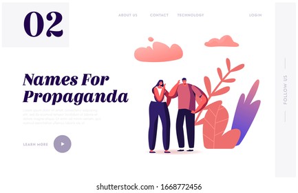 Fake News Landing Page Template. Characters Telling Gossips and Scandal Tales to Each Other on Street. People Spreading Wrong Scandalize Information, Mass Media False Info. Cartoon Vector Illustration