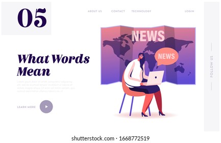 Fake News Landing Page Template. Female Character with Laptop Sit on World Map Background Reading Social Media Information in Internet, Broadcast Breaking News, Gossips. Cartoon Vector Illustration