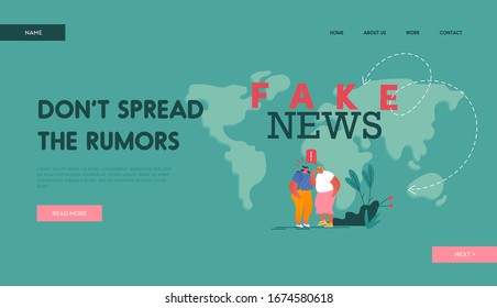 Fake News Landing Page Template. Couple of Women Characters Telling Gossips to Each Other on World Map Background, Information Worldwide Spreading, Mass Media. Cartoon People Vector Illustration