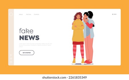 Fake News Landing Page Template. Two Women Characters Huddled Close, Whispering Secrets To Each Other, Share Confidential Conversation. Female Gossips Concept. Cartoon People Vector Illustration