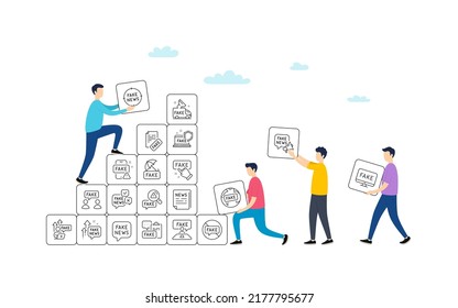 Fake news line icons. People team work concept. Social media propaganda, Newspaper, Conspiracy of truth. Wrong facts, Fake information, False loudspeaker outline icons. Vector