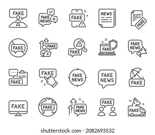 Fake news line icons. Social media propaganda, Newspaper, Conspiracy of truth. Wrong facts, Fake information, False loudspeaker outline icons. Misleading news, People lies and propaganda truck. Vector
