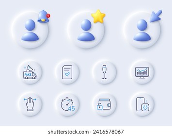 Fake news, Lock and Statistics line icons. Placeholder with 3d cursor, bell, star. Pack of Multitasking gesture, Champagne glass, Timer icon. Phone download, Checked file pictogram. Vector