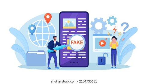 Fake news. Man with magnifying glass scanning and check news on smartphone. Disinformation, propaganda on online news media. Spreading untruth information, hoax. Vector design