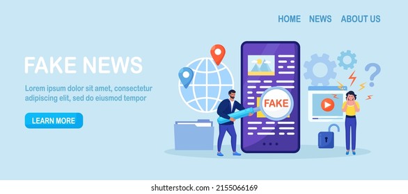 Fake news. Man with magnifying glass scanning and check news on smartphone. Disinformation, propaganda on online news media. Spreading untruth information, hoax. Vector design