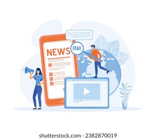 Fake news. Man with magnifying glass scanning and check news on smartphone.  Fake news concept. flat vector modern illustration