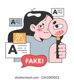 Fake news. Manipulation and control over people mind. Media influencing and manipulating character. Propaganda, hoaxes and internet fakes. Flat vector illustration