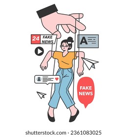Noticias falsas. Manipulación y control sobre la mente de la gente. Los medios influyen y manipulan el carácter. Propaganda, engaños y falsificaciones de internet. Ilustración vectorial plana