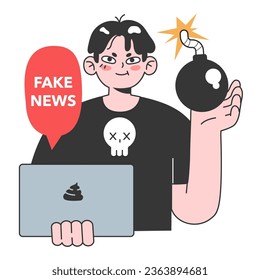 Fake news. Manipulation and control over people mind. Media influencing and manipulating character. Propaganda, hoaxes and internet fakes. Flat vector illustration