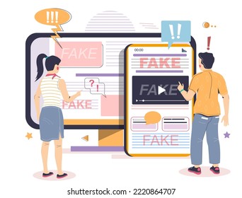 Fake news media information vector illustration. Social disinformation on internet. People reading online fakenews using computer and mobile phone. Wrong info, propaganda and false in network