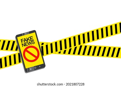 Fake news message pop up in smartphone on yellow tape do not cross background design. Mobile phone with offer message. Media newspaper sign. Daily information. Customer service banner. Fake news badge