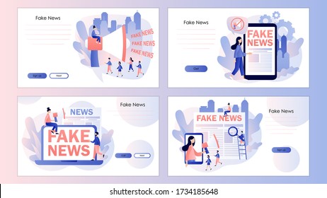 Fake news metaphors. Mass media propaganda. Screen template for mobile smart phone, landing page, template, web, mobile app, poster, banner, flyer. Modern flat cartoon style. Vector