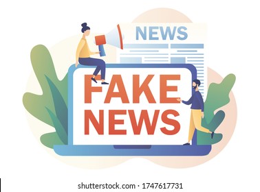 Fake news metaphors. Mass media, hot online information, propaganda newscast. Tiny people read online newspaper. Modern flat cartoon style. Vector illustration on white background